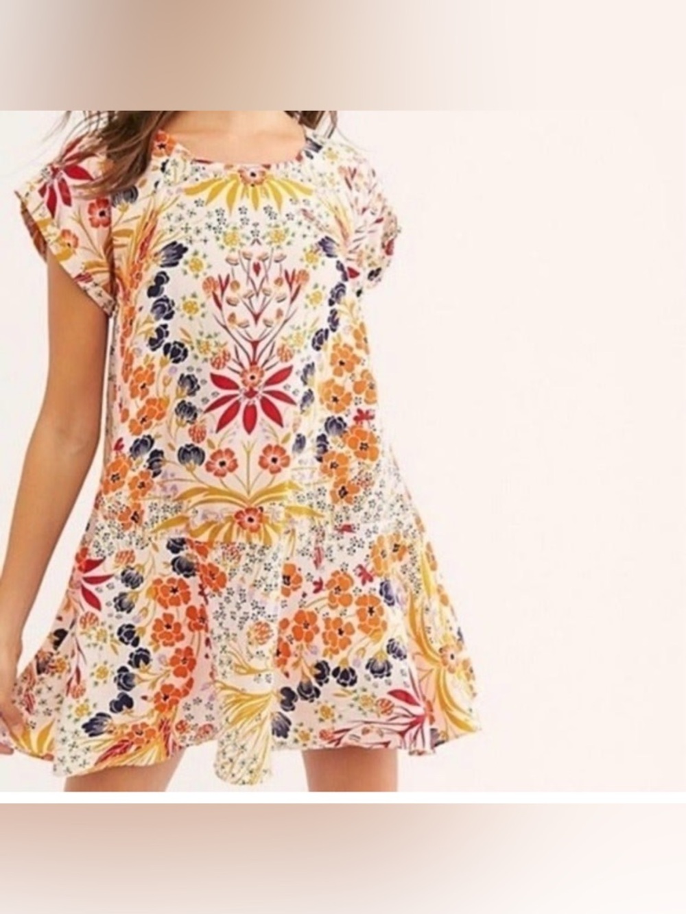 Free People Floral Short Sleeve Tunic - Pink, Red, Gold